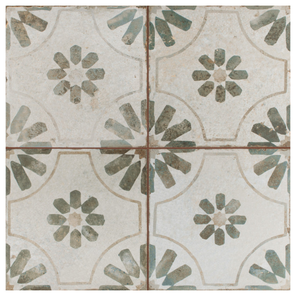 Kings Blume Encaustic Ceramic Floor and Wall Tile, Sage Green