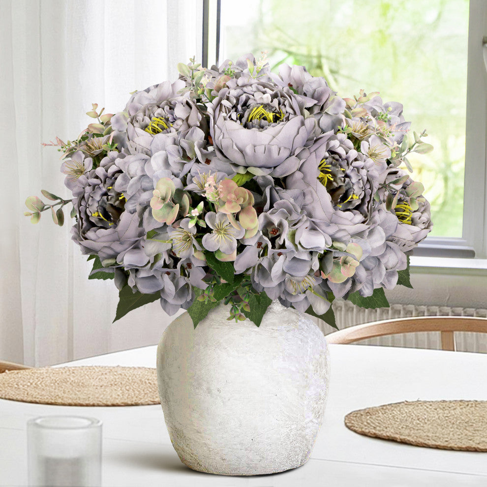 Set of 2 Grey Artificial Peony Hydrangea Flower Stem Bush Bouquet 17"