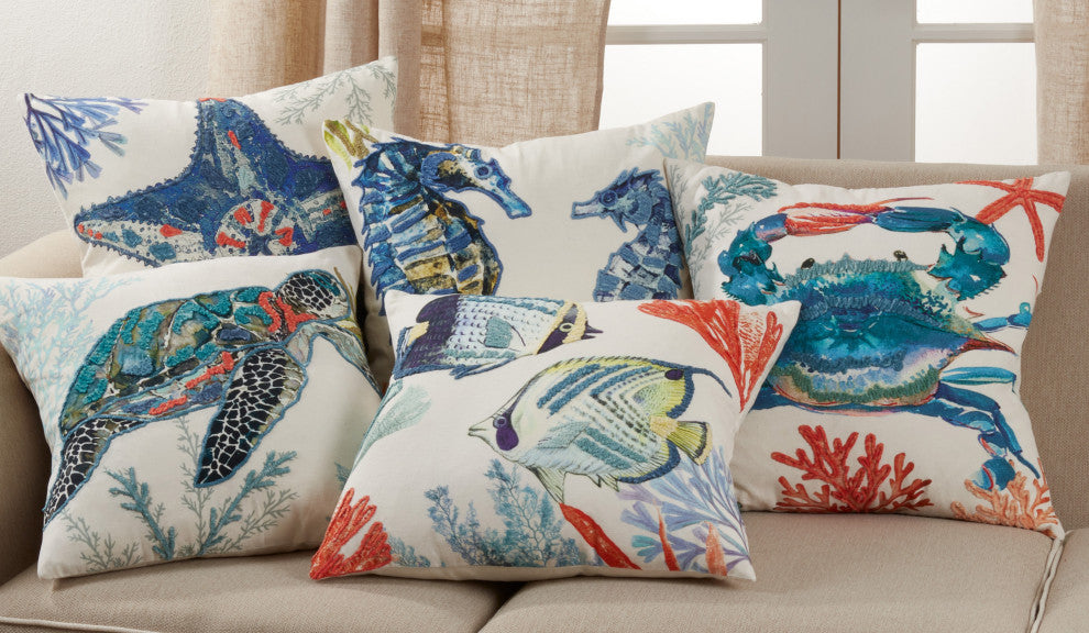 Poly Filled Throw Pillow With Tropical Fish Design, 20"x20", Multi