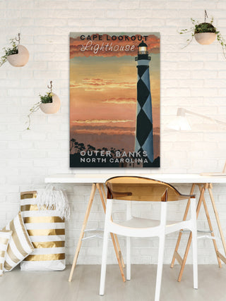 "Sunset at Lighthouse" Painting Print on Wrapped Canvas, 30x45