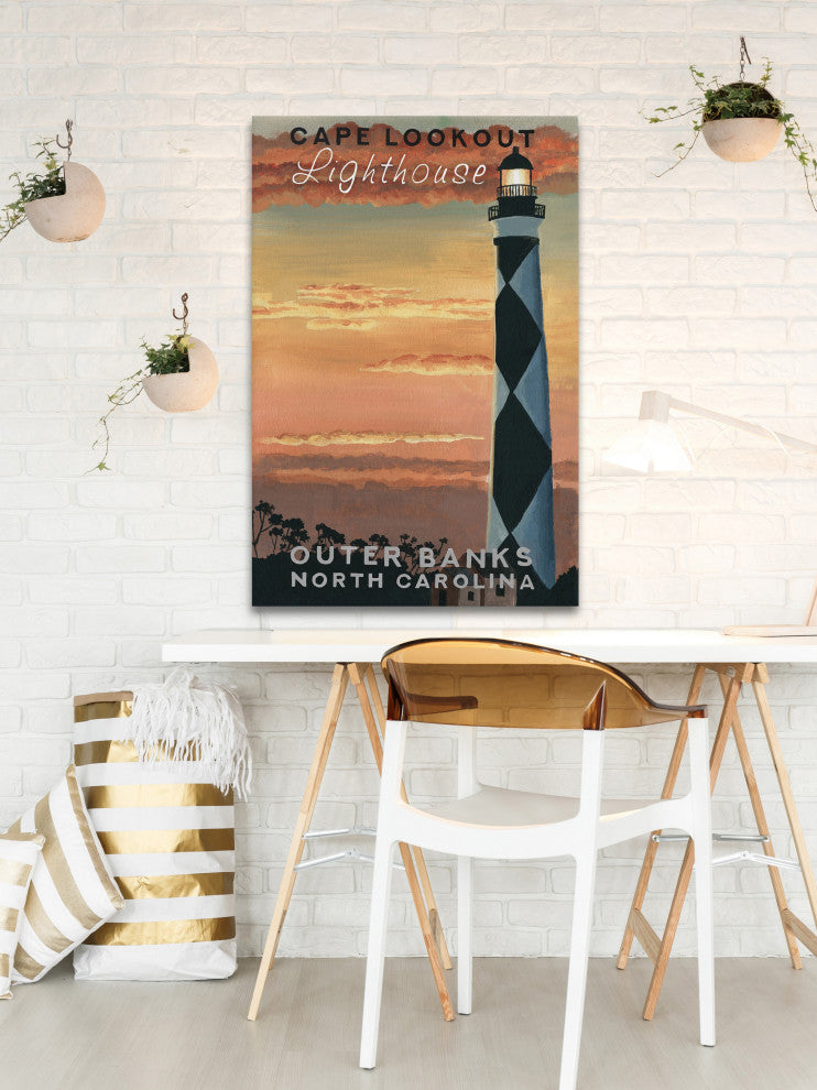 "Sunset at Lighthouse" Painting Print on Wrapped Canvas, 30x45