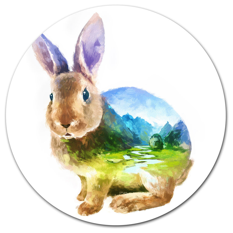 Rabbit Double Exposure Illustration, Animal Disc Metal Artwork, 23"
