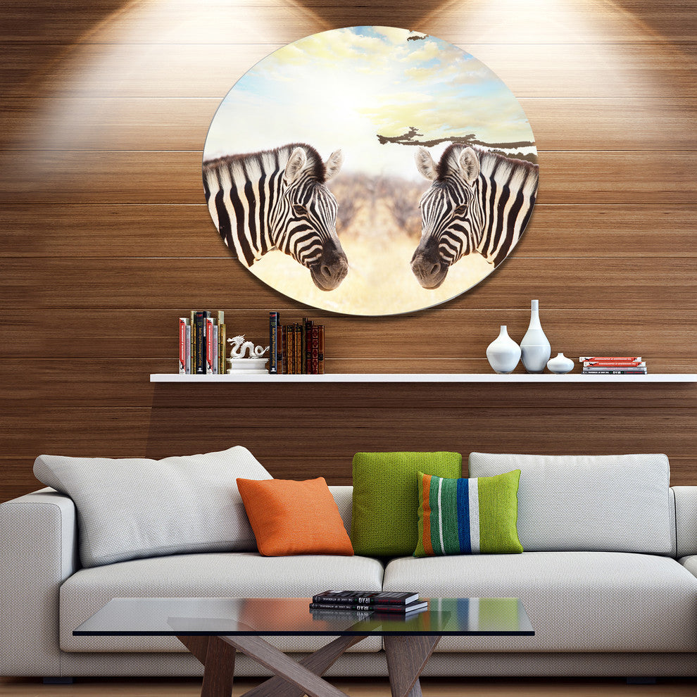 Zebras Face-To-Face At Sunset, African Round Wall Art, 23"
