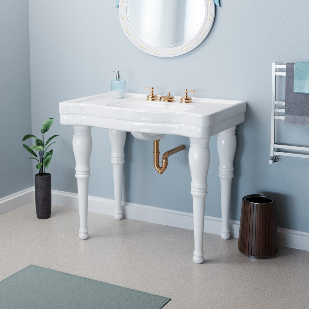 White Console Sink Belle Epoque with Spindle Legs and Widespread Faucet Holes