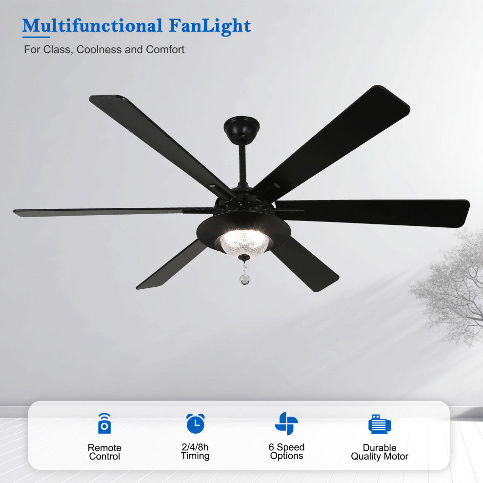 72" Antique Lagre Ceiling Fan, Wood Blades and LED Lights Kit w Crystal Shade, Gold