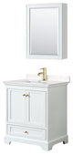 30"SGL Vanity White, Carrara Cult. Marble Top, Sink, Gold Trim, Med. Cabinet