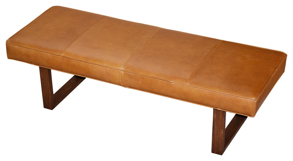 Genuine Leather Upholstered Bench, Ottoman, Distressed Brown, 50"