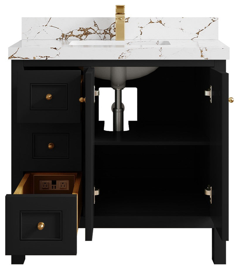 Nashville 36" Center Sink Bath Vanity, Black 2" Viola Brown