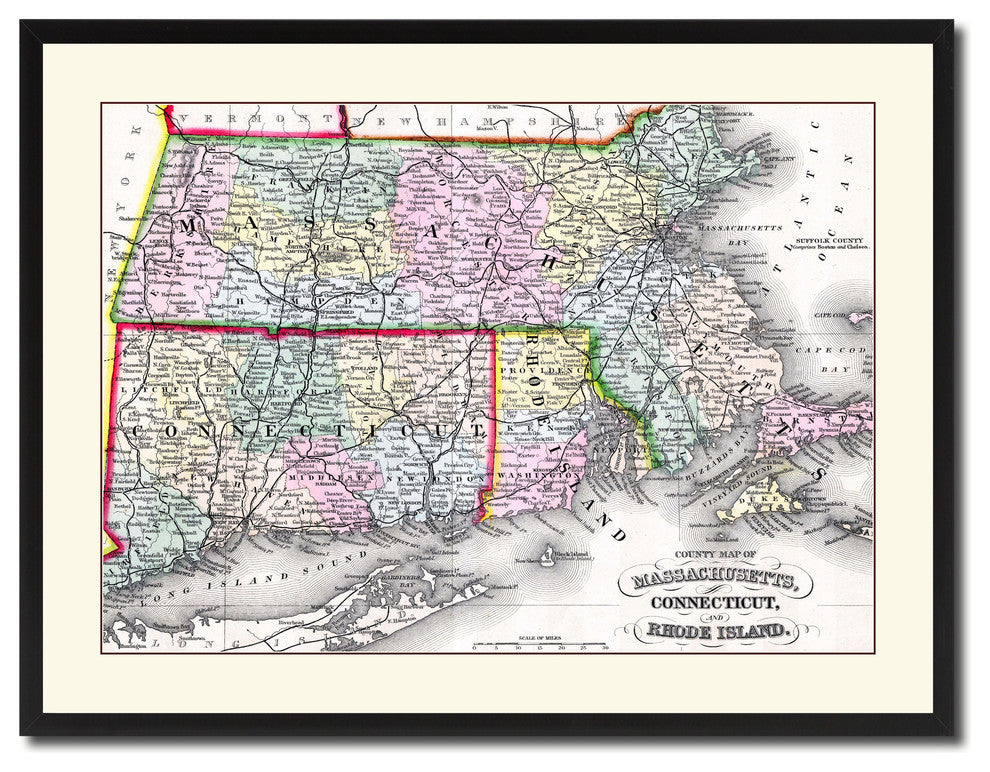 Massachusetts Connecticut Rhode Island Vintage Antique Map Wall Art, 28"x37"