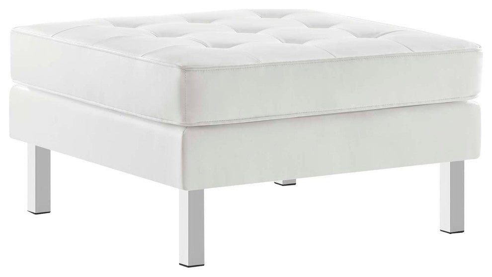 Loft Tufted Vegan Leather Armchair and Ottoman Set, Silver White