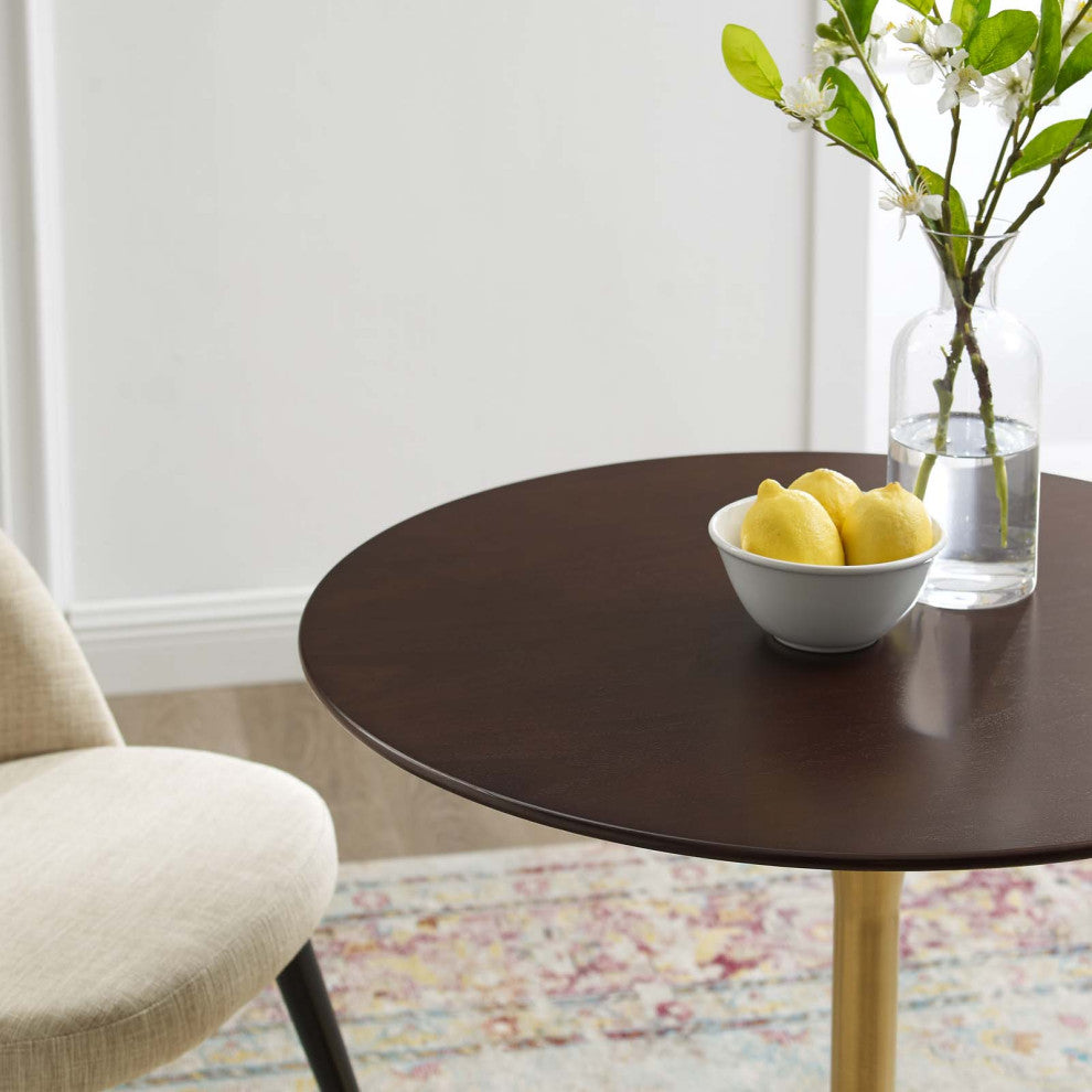 Dining Table, Round, Wood, Gold Dark Brown Brown Walnut, Cafe Bistro Restaurant