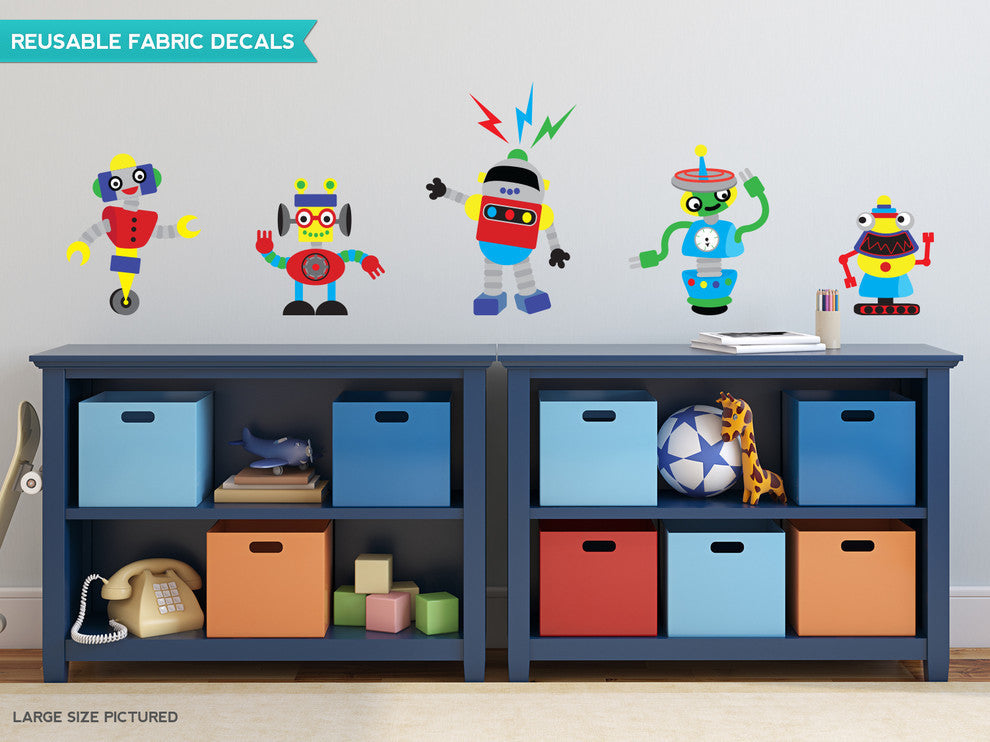 Robot Fabric Wall Decals, Set of 5 Cool Robots, Size Medium