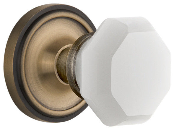 Classic Rosette Passage Waldorf White Milk Glass Knob, Antique Brass