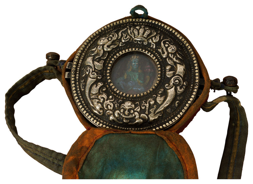 Consigned Antique Tibetan Carved Silver Turquoise Gau Ghau Prayer Box