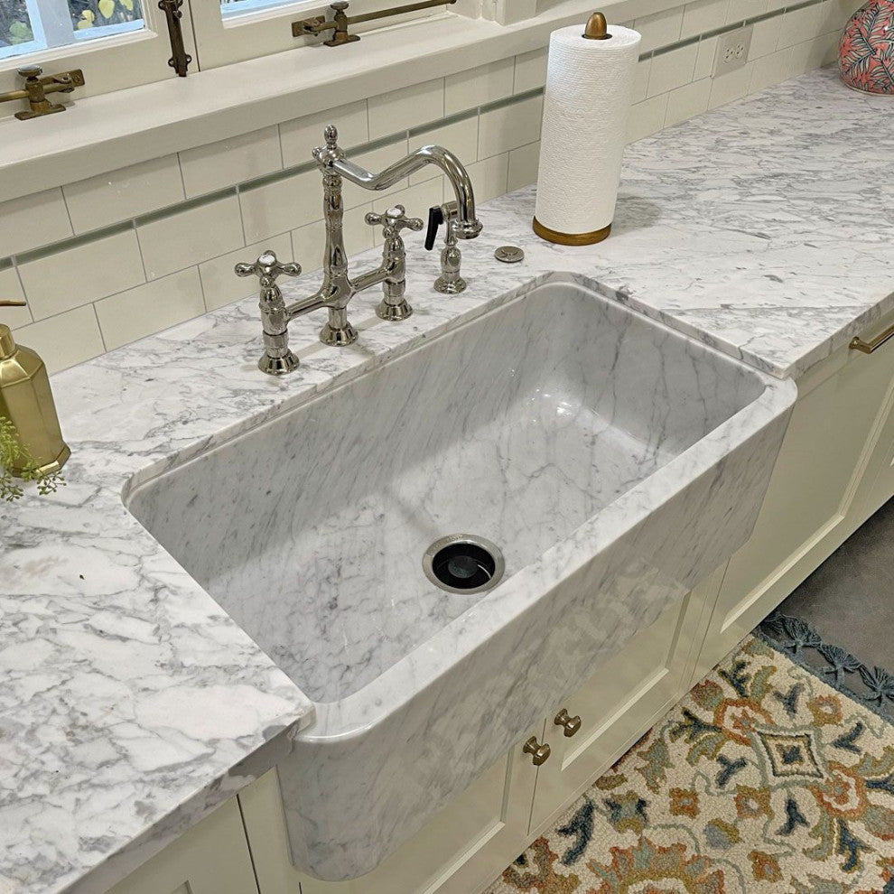 Single Bowl Kitchen Sink, Carrara White Marble With Polished Apron