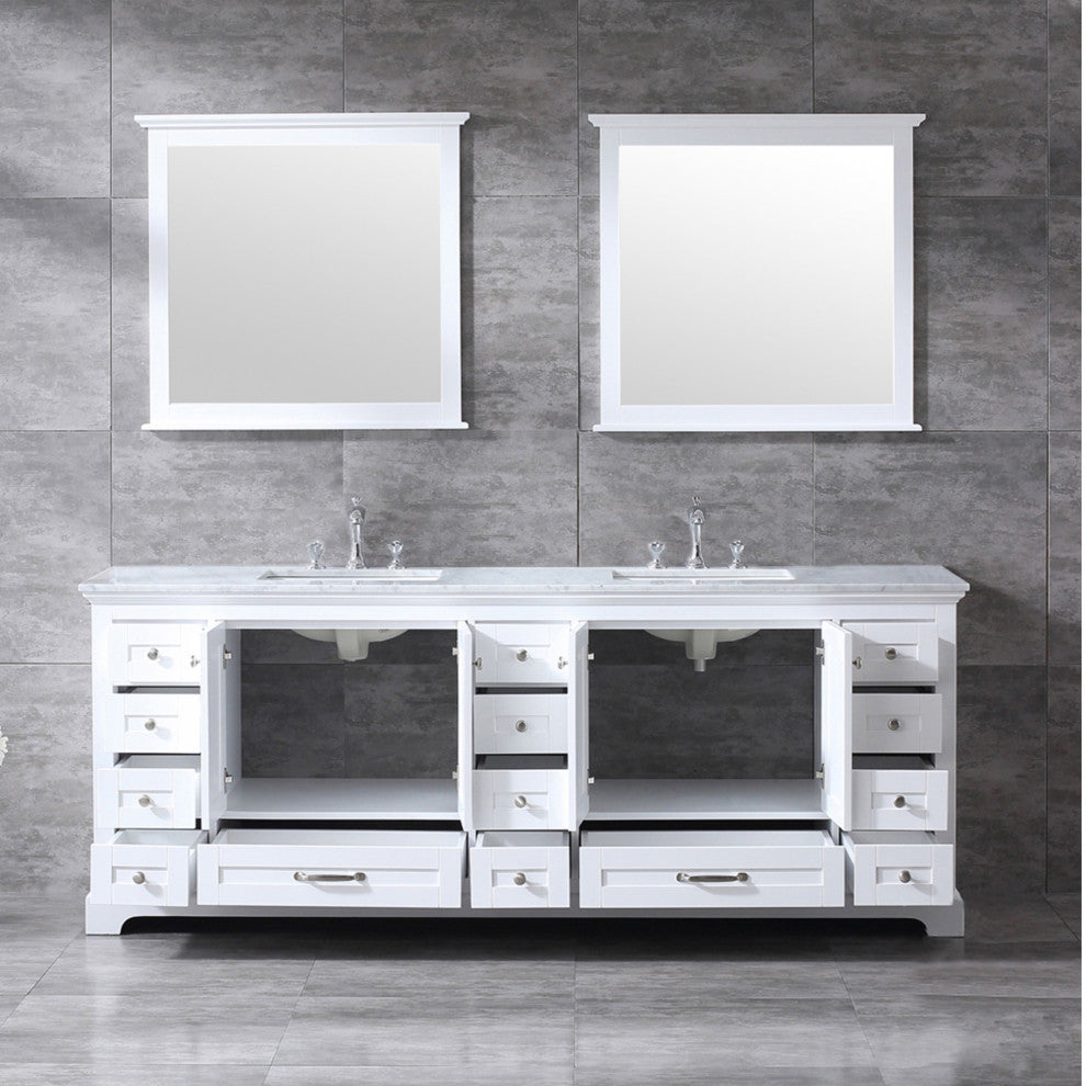 Dukes 84" Double Vanity, Carrara Marble Top, Square Sinks, 34" Mirrors & Faucets
