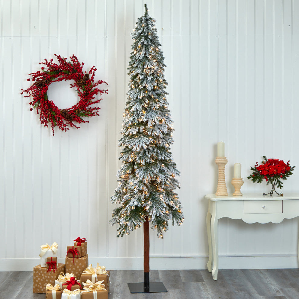9' Flocked Grand Alpine Faux Xmas Tree W/Lights & Natural Trunk