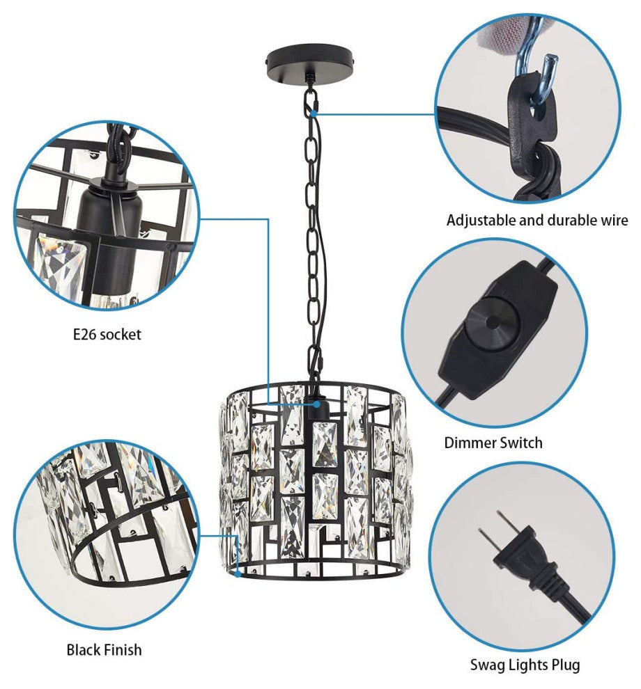 Crystal Hanging Lamp, Plug In, Swag, Cage Lighting