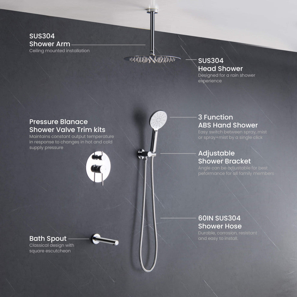 Ceiling Mounted 3-Function Shower System, Rough, Valve, Chrome