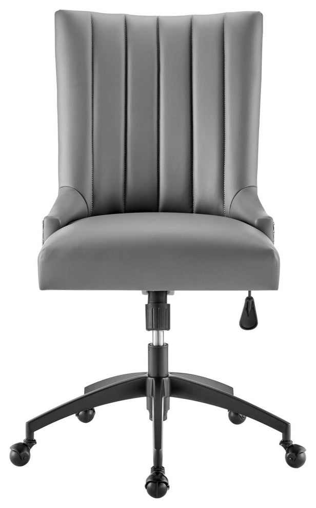 Computer Work Desk Tufted Chair, Faux Vegan Leather, Black Gray, Home Office