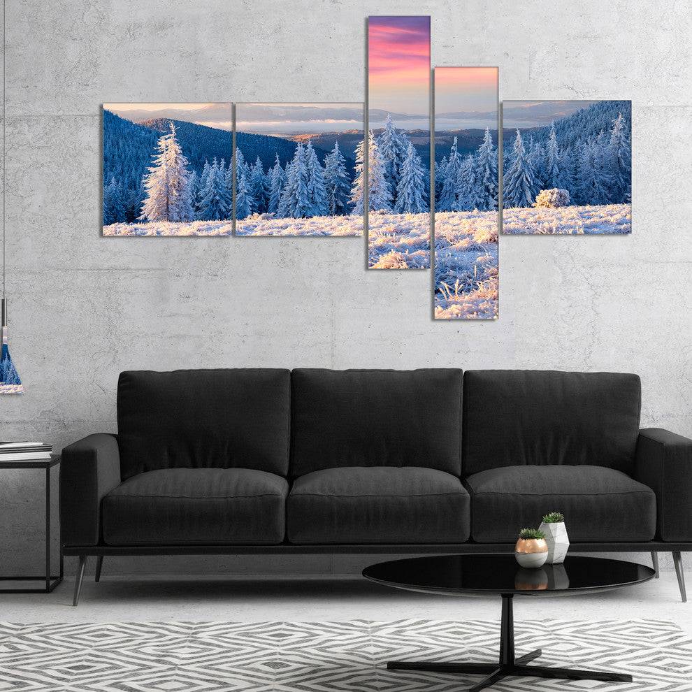 Amazing Winter Sunrise in Mountains, Landscape Canvas Print, 60"x32", 5 panels