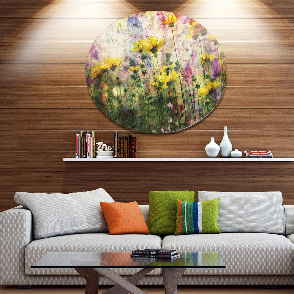 Coreopsis Flowers And Paint Splashes, Flower Round Wall Art, 11"