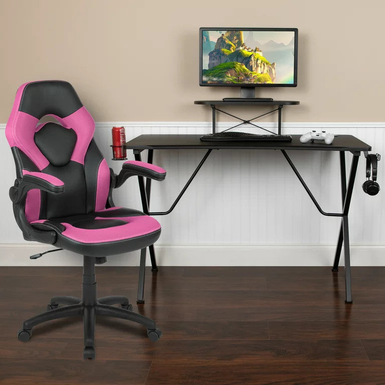 Modern Gaming Desk With Comfortable Chair, Raised Shelf & Cup Holder, Pink