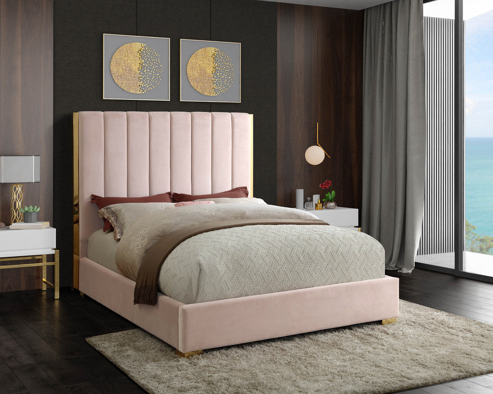 Becca Velvet Upholstered Bed, Pink, King