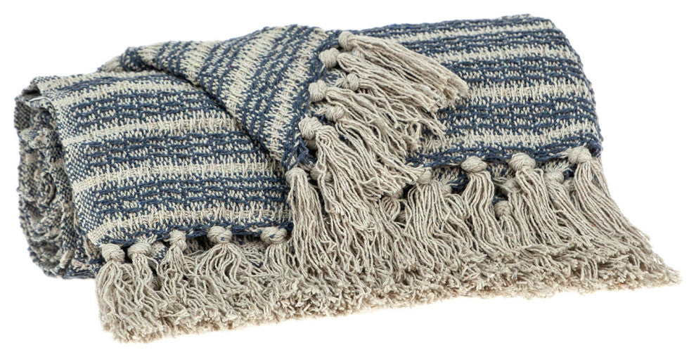 Blue Gray and Beige Cotton Handloom Throw Blanket