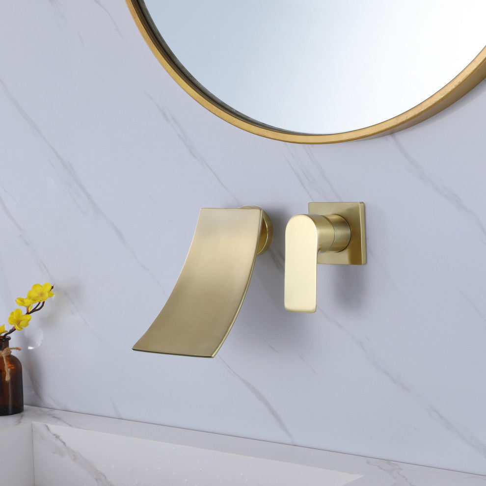 Wall Mounted Single Handle Bathroom Sink Faucet, Brushed Gold