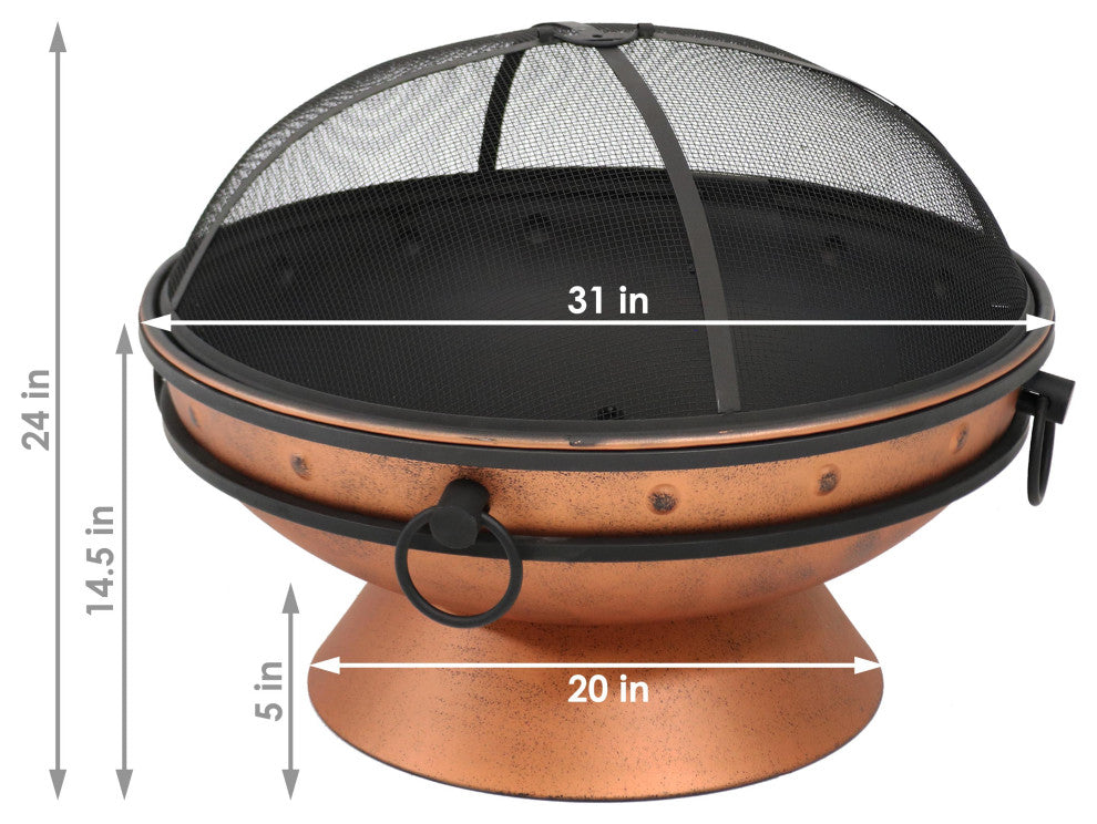 Sunnydaze Royal Cauldron Copper Fire Pit With Handles and Spark Screen, 30"