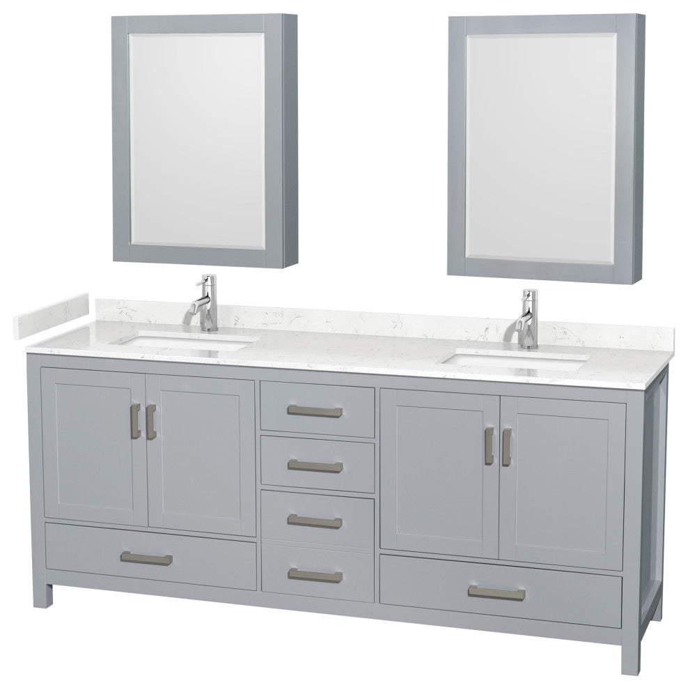 80"DBL Vanity Gray, Carrara Cult. Marble Countertop, Sinks, Med. Cabinets