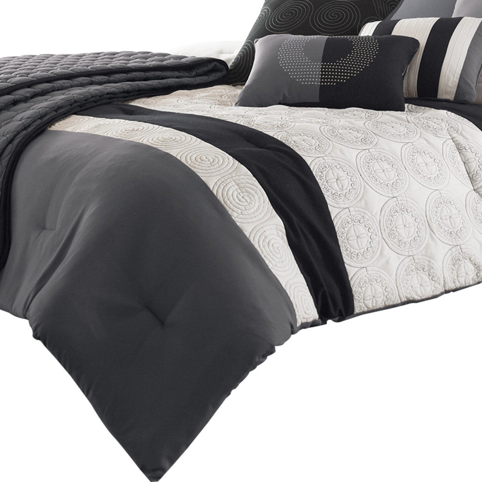 Benzara BM225150 7 Piece Queen Cotton Comforter Set, Gray and Black