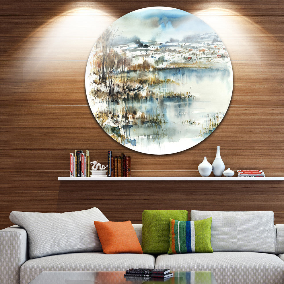 Wide Blue Winter Lake Watercolor, Landscape Round Wall Art, 11"