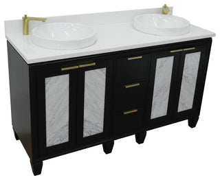 61" Double Sink Vanity, Black Finish With Engineered Stone Top And Round Sink
