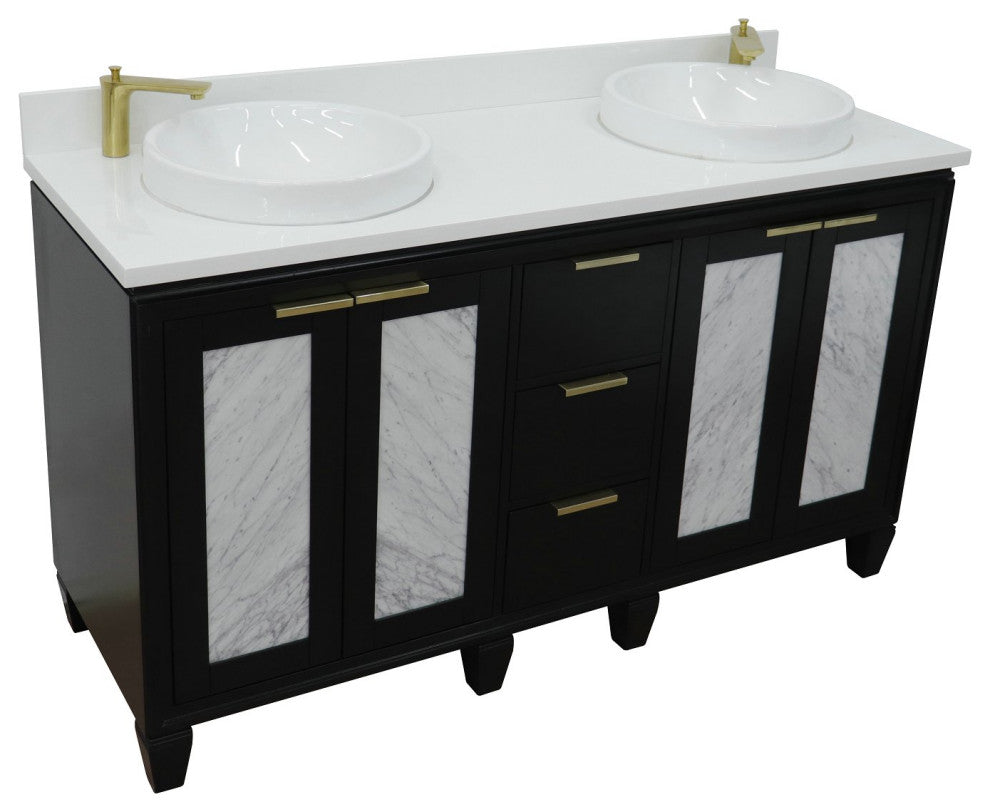 61" Double Sink Vanity, Black Finish With Engineered Stone Top And Round Sink