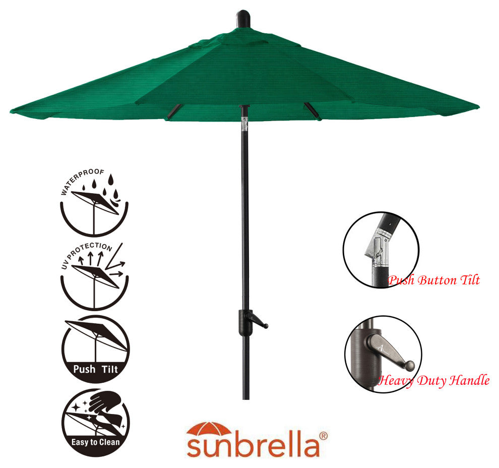 9' Round Push Tilt Market Umbrella, Black Frame, Sunbrella, Forest Green