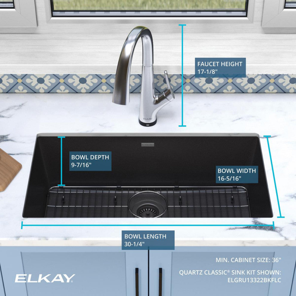 Quartz Classic 33" Single Bowl Undermount Sink Kit With Filtered Faucet, Black