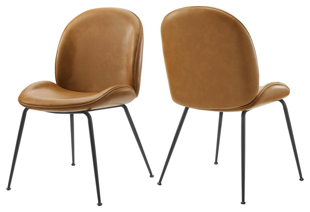 Scoop Black Powder Coated Steel Leg Vegan Leather Dining Chairs Set of 2, Tan