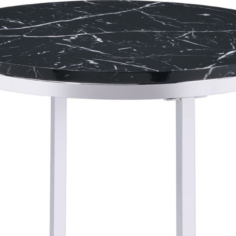 Benzara BM250265 End Table With Round Faux Marble Top and Glass Shelf, Black