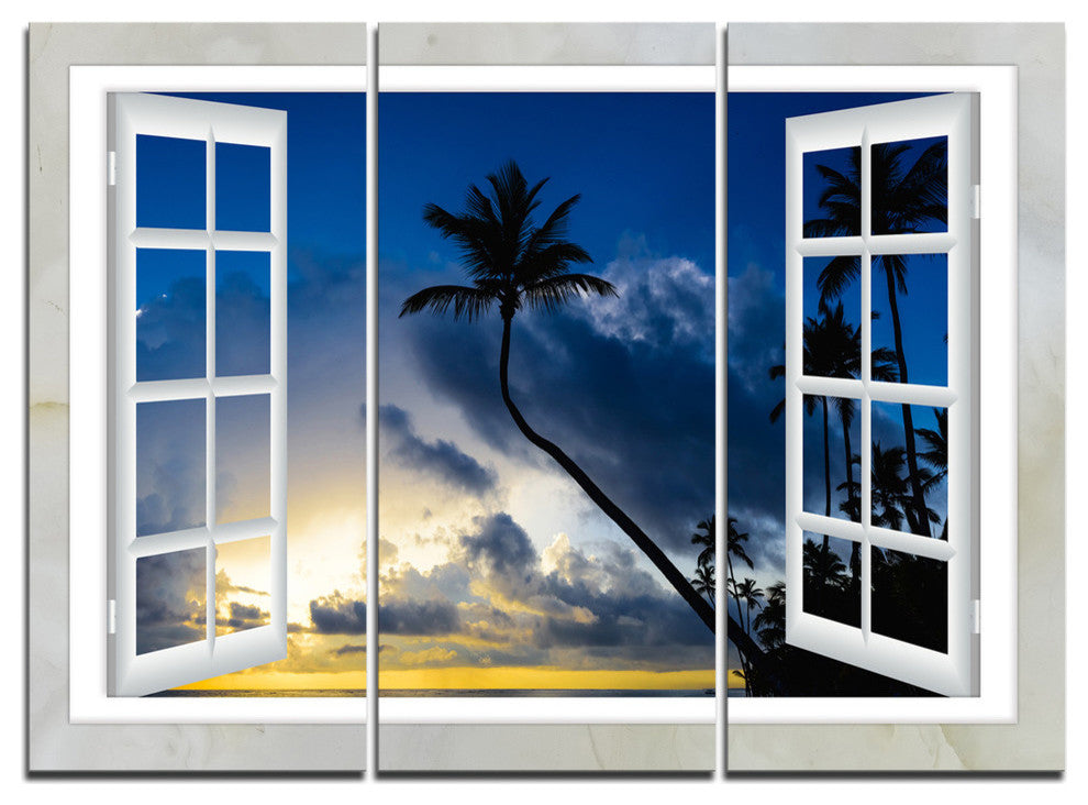 "Window to Beach With Coconut Palms" Metal Wall Art, 3 Panels, 36"x28"