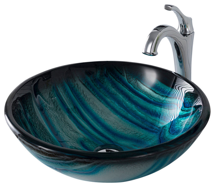 Glass Vessel Sink, Bathroom Arlo Faucet, PU Drain, Mounting Ring, Chrome