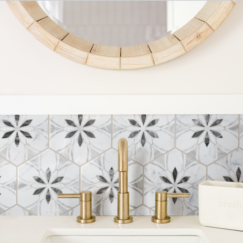 Classico Bardiglio Hex Dahlia Porcelain Floor and Wall Tile Sample, White