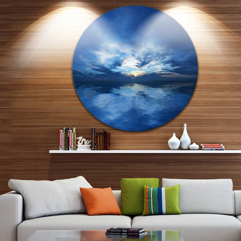 Blue Waters And Blue Sky Sunset, Seascape Round Metal Wall Art, 11"