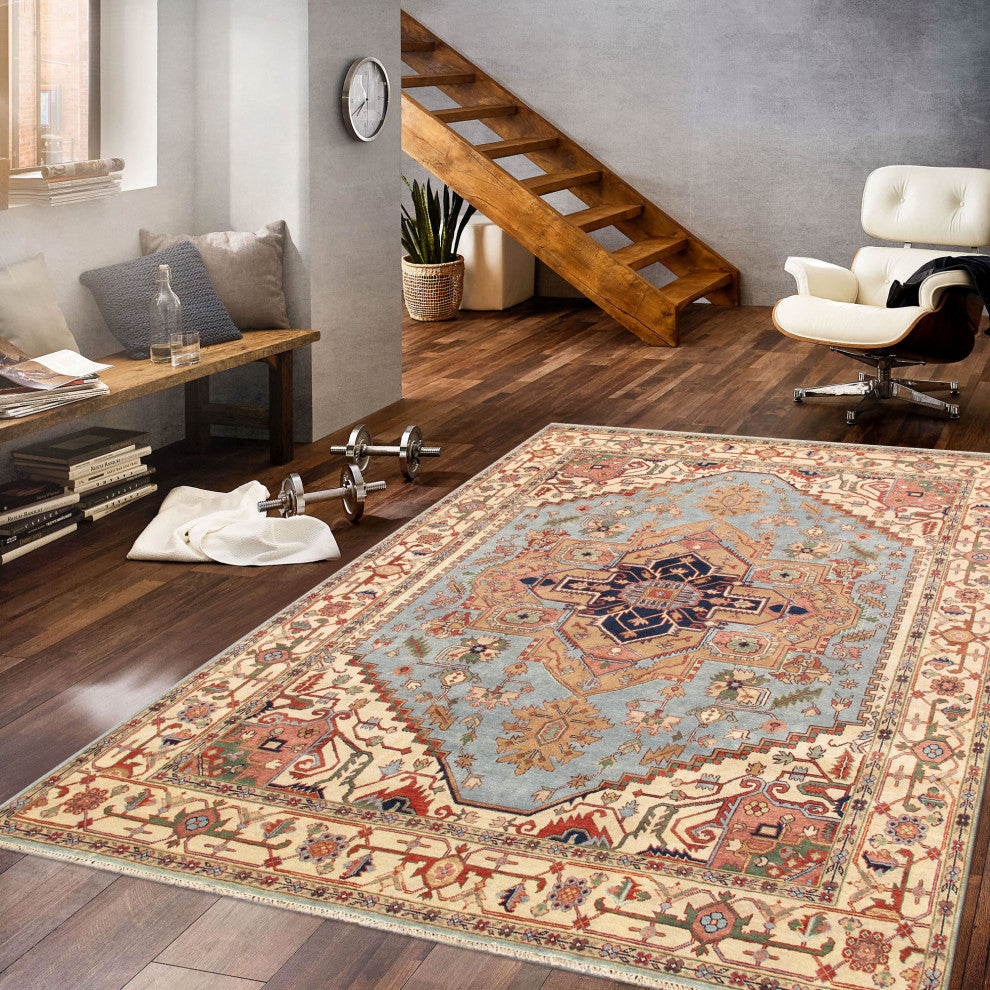 Pasargad Home Serapi Collection Light Blue Wool Area Rug, 10'x14'