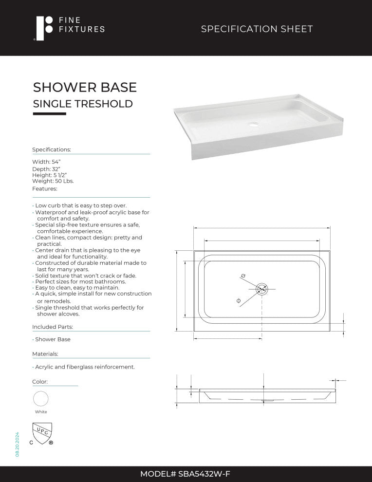 Fine Fixtures Single Threshold Shower Base, 54x32