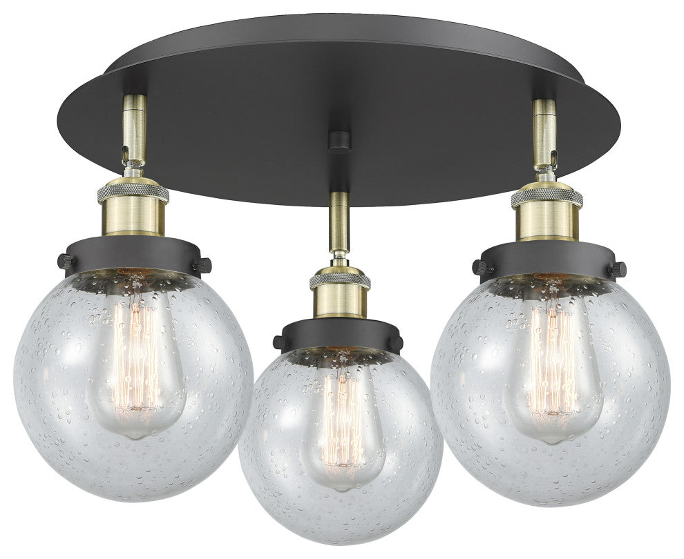 Beacon-3 Light 18" Flush Mount-Black Antique Brass, Seedy Glass Shade