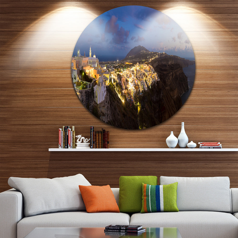 Thira Santorini Greece Panorama, Landscape Disc Metal Wall Art, 23"