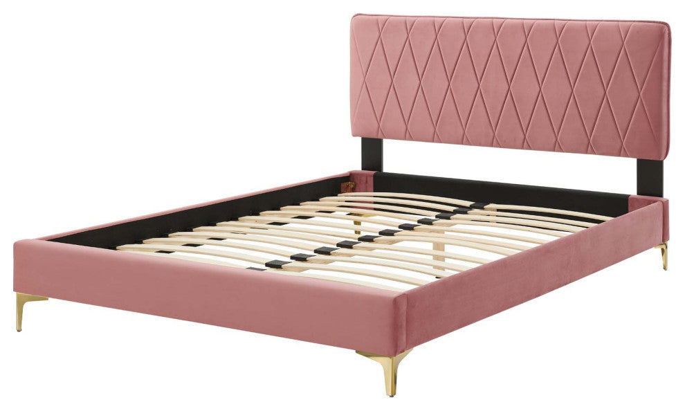 Platform Bed Frame, Queen Size, Velvet, Pink, Modern Contemporary, Bedroom