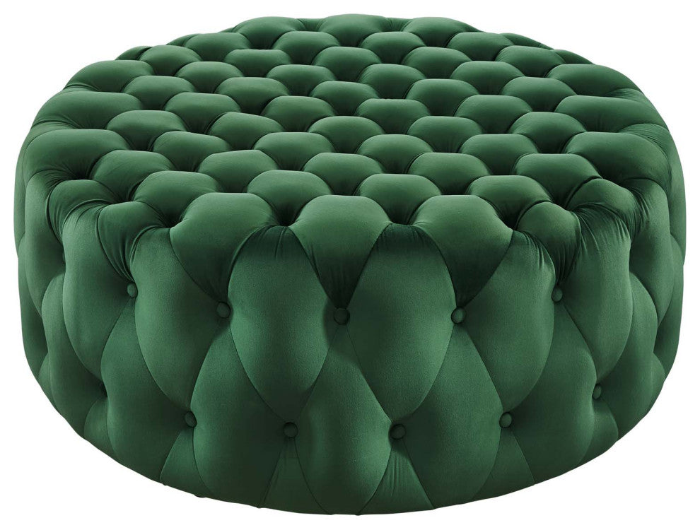 Round Ottoman Accent Tufted Chair, Green, Velvet, Modern, Lounge Hospitality